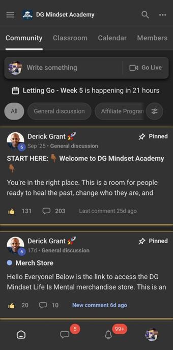 The Academy community feed on Skool, with Derick's pinned welcome post