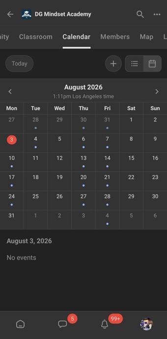 The Academy live events calendar on Skool
